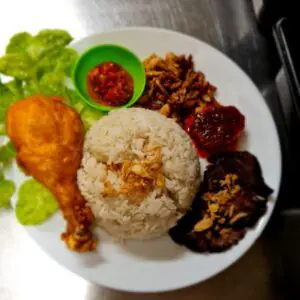 Nasi Uduk Komplit (Coconut Rice with Fried Chicken, Marinated Beef, Anchovy/Tempeh mix and Egg topped with Chilli Sauce)