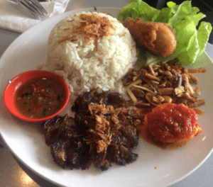 Nasi Rames (Steamed Rice with Fried Chicken, Beef Rendang & Vegetables ...