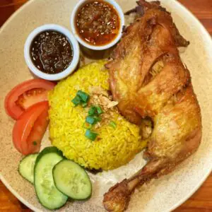 Nasi Kuning Ayam Krispy with Tamarin sauce (Fragrant Rice with Crispy Chicken and Tamarind Sauce) by Growers Cafe