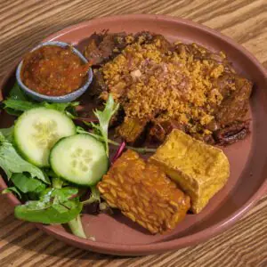 Empal Penyet (Fried Steak Beef, tofu, tempeh, spiced crumbs, belachan chilli) by Ria Ayam Penyet