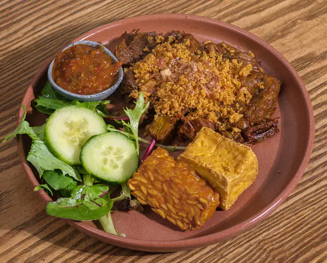 Empal Penyet (Fried Steak Beef, tofu, tempeh, spiced crumbs, belachan chilli) by Ria Ayam Penyet